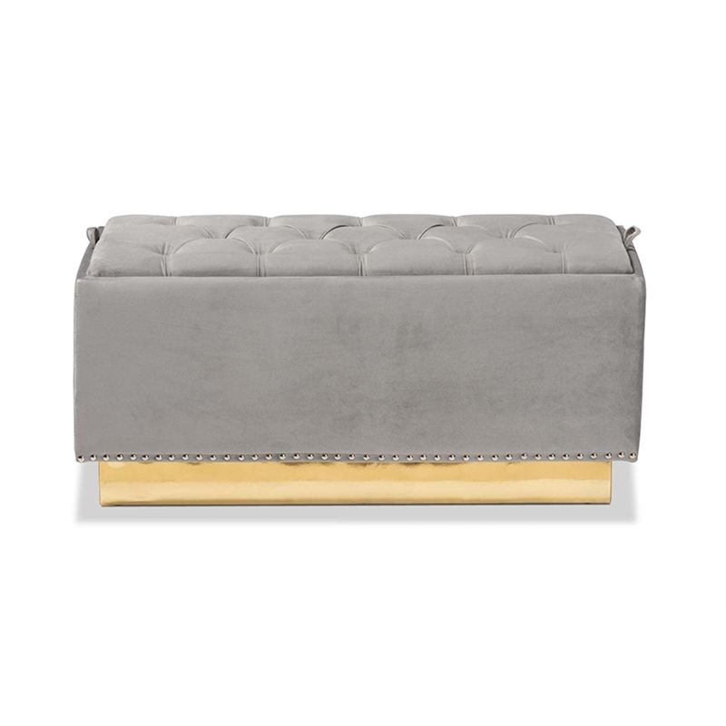 Bowery Hill Grey Velvet Fabric Upholstered and Gold PU Leather Storage Ottoman