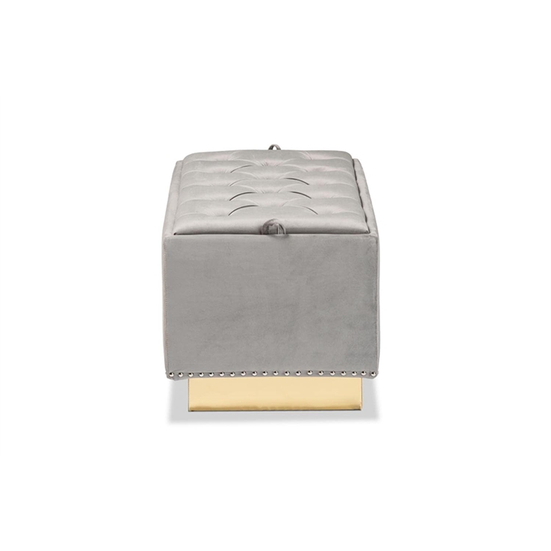 Bowery Hill Grey Velvet Fabric Upholstered and Gold PU Leather Storage Ottoman