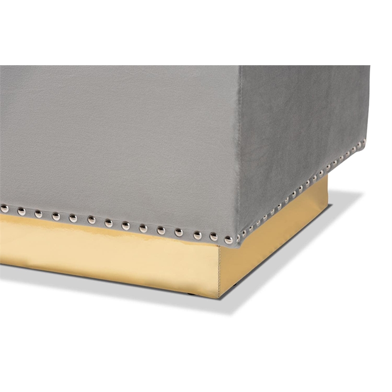 Bowery Hill Grey Velvet Fabric Upholstered and Gold PU Leather Storage Ottoman
