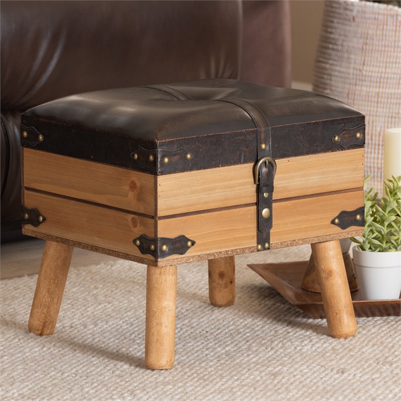 Bowery Hill Dark Brown and Oak Finished Wood Small Storage Ottoman