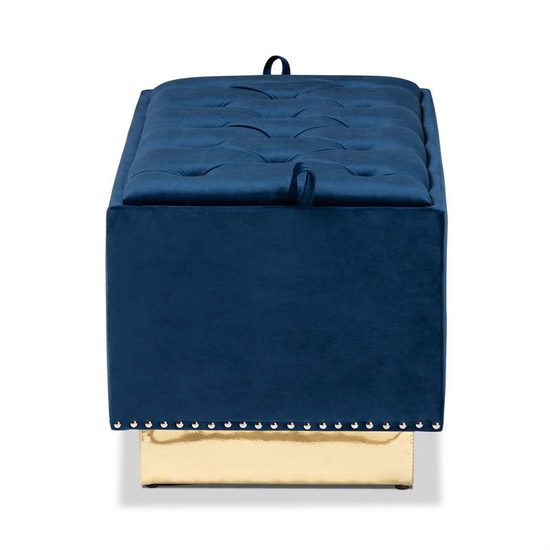 Bowery Hill Navy Blue Velvet Fabric Upholstered and Gold PU Leather Ottoman