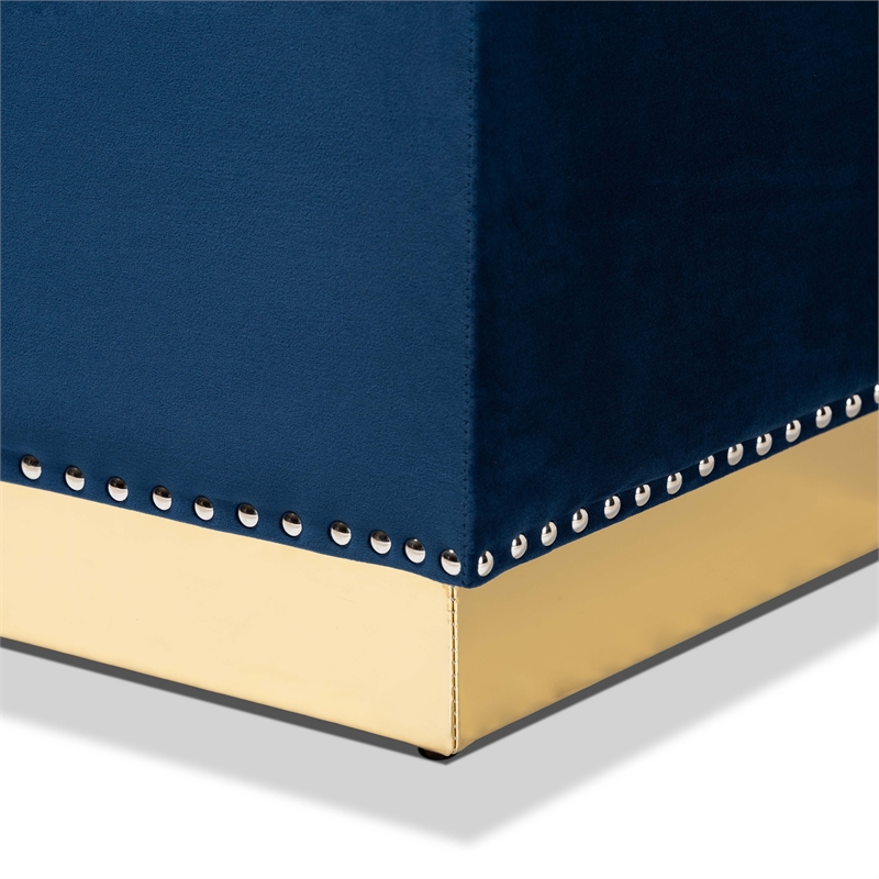Bowery Hill Navy Blue Velvet Fabric Upholstered and Gold PU Leather Ottoman