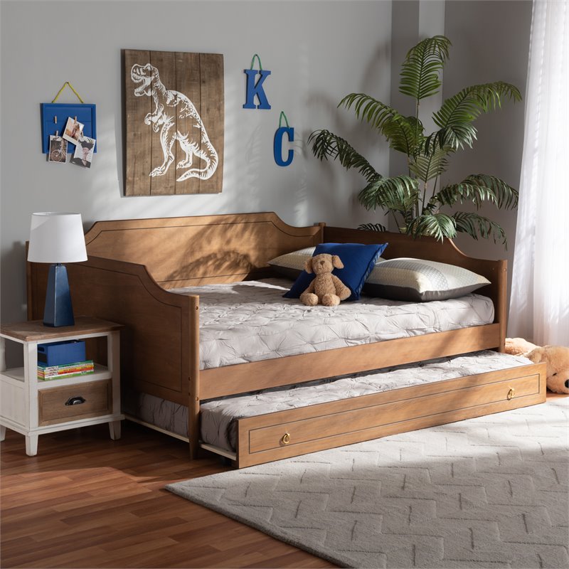 Bowery Hill Rubberwood Walnut Brown Daybed Rectangular Roll-Out Trundle 78.2