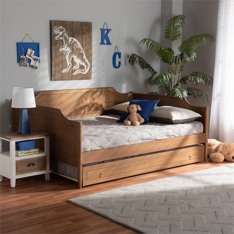 Bowery Hill Rubberwood Walnut Brown Daybed Rectangular Roll-Out Trundle 78.2