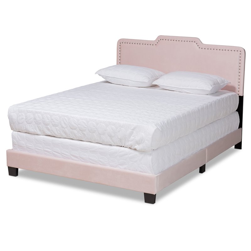 Bowery Hill Modern Velvet Fabric Upholstered Full Size Panel Bed in Light Pink
