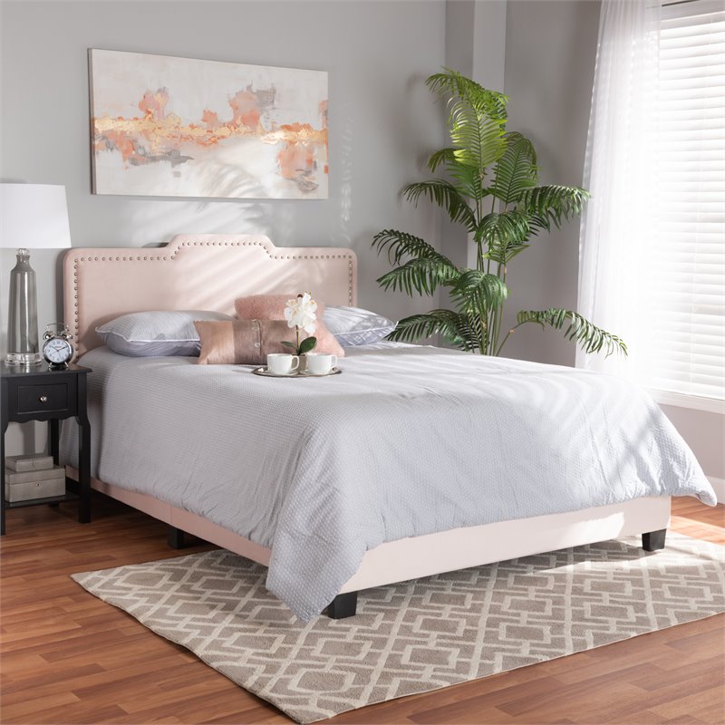 Bowery Hill Modern Velvet Fabric Upholstered Full Size Panel Bed in Light Pink