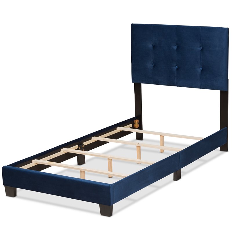 Bowery Hill Modern Velvet Fabric Upholstered Twin-Size Panel Bed in Navy Blue