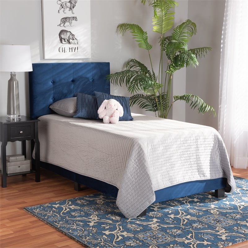 Bowery Hill Modern Velvet Fabric Upholstered Twin-Size Panel Bed in Navy Blue