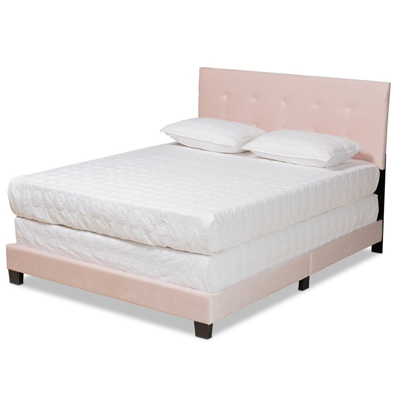 Bowery Hill Modern Velvet Fabric Upholstered Queen Size Panel Bed in Light Pink