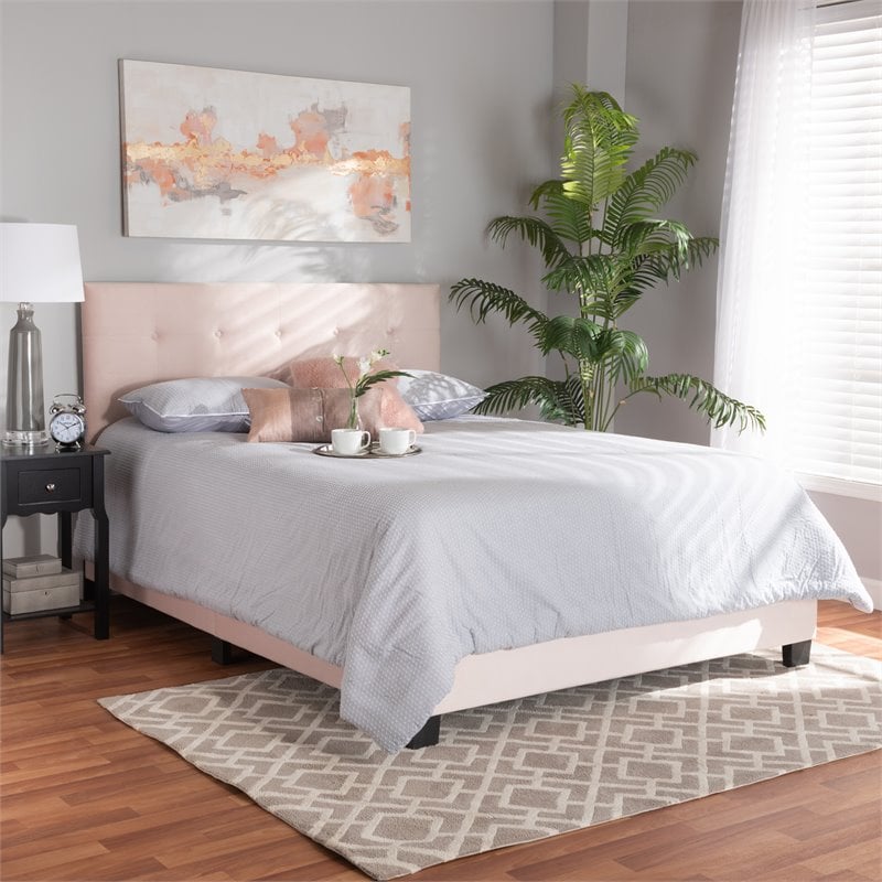 Bowery Hill Modern Velvet Fabric Upholstered Queen Size Panel Bed in Light Pink