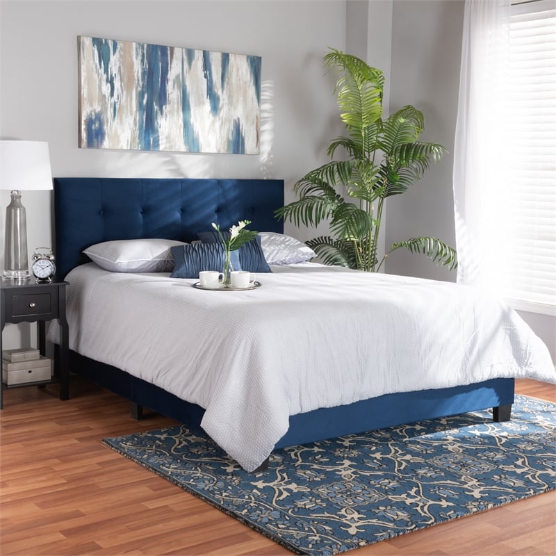 Bowery Hill Navy Blue Upholstered Queen Size Panel Bed