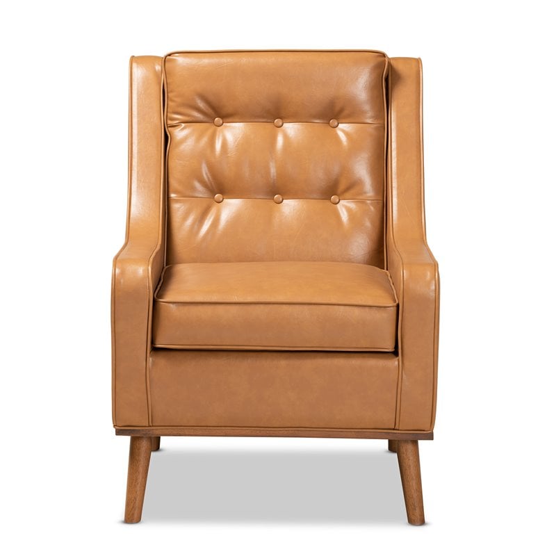 Bowery Hill Tan Faux Leather Walnut Brown Finished Wood Lounge Armchair