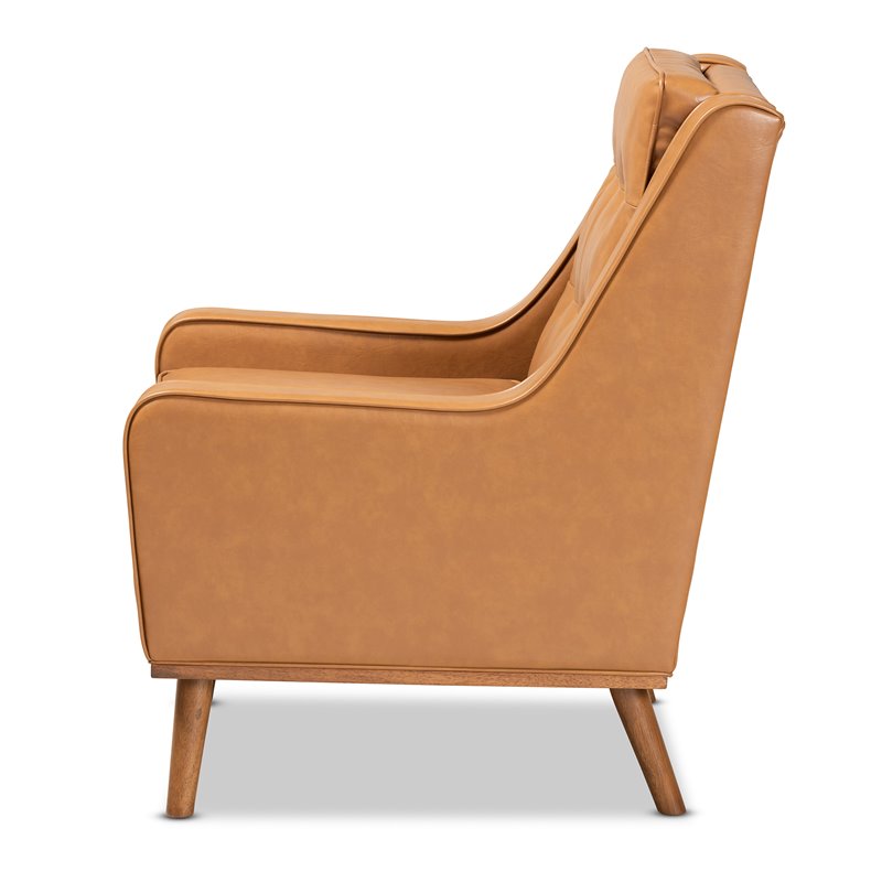 Bowery Hill Tan Faux Leather Walnut Brown Finished Wood Lounge Armchair