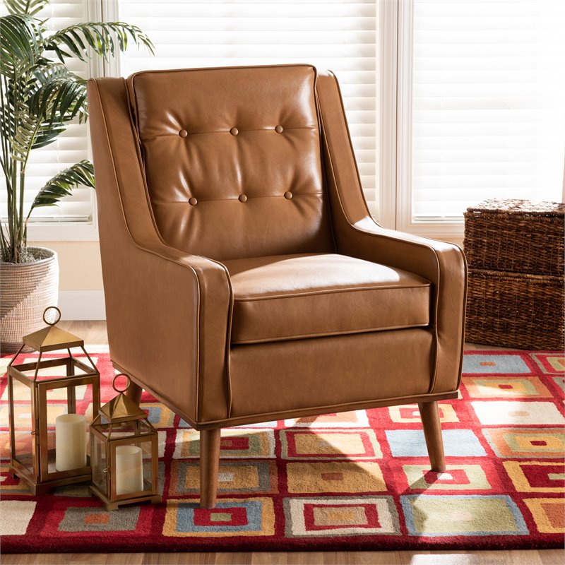 Bowery Hill Tan Faux Leather Walnut Brown Finished Wood Lounge Armchair