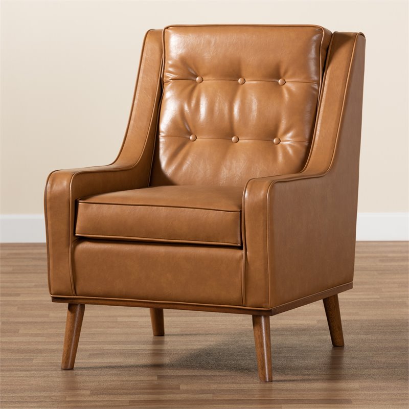 Bowery Hill Tan Faux Leather Walnut Brown Finished Wood Lounge Armchair