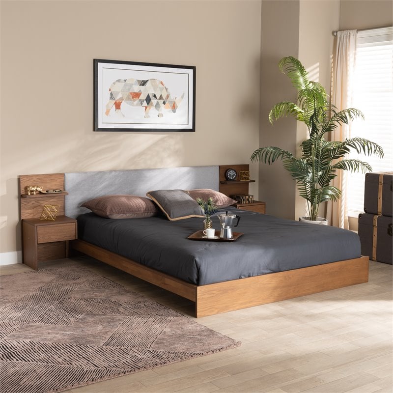Bowery Hill Grey Brown Finished Wood Queen Size Bed with Nightstands