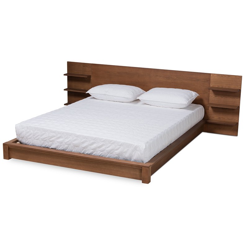 Bowery Hill Wood Walnut Brown King Size Bed Rectangular Shelves 114.8