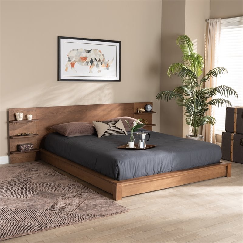 Bowery Hill Wood Walnut Brown King Size Bed Rectangular Shelves 114.8
