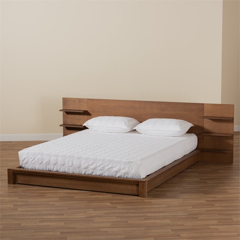 Bowery Hill Wood Walnut Brown King Size Bed Rectangular Shelves 114.8
