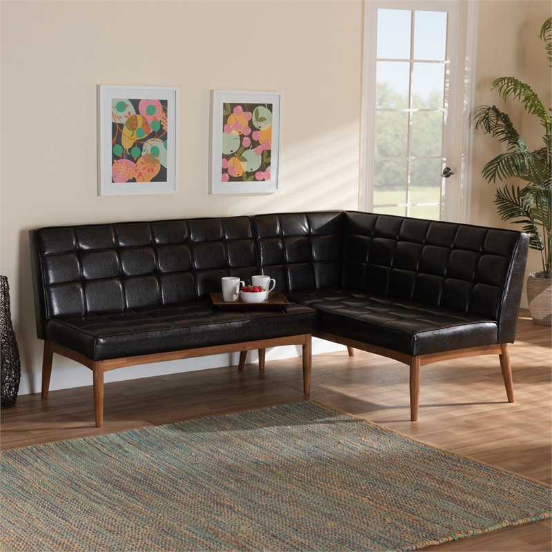 Bowery Hill Faux Leather Walnut Brown Dining Nook Banquette Set Biscuit Tufted 74.4