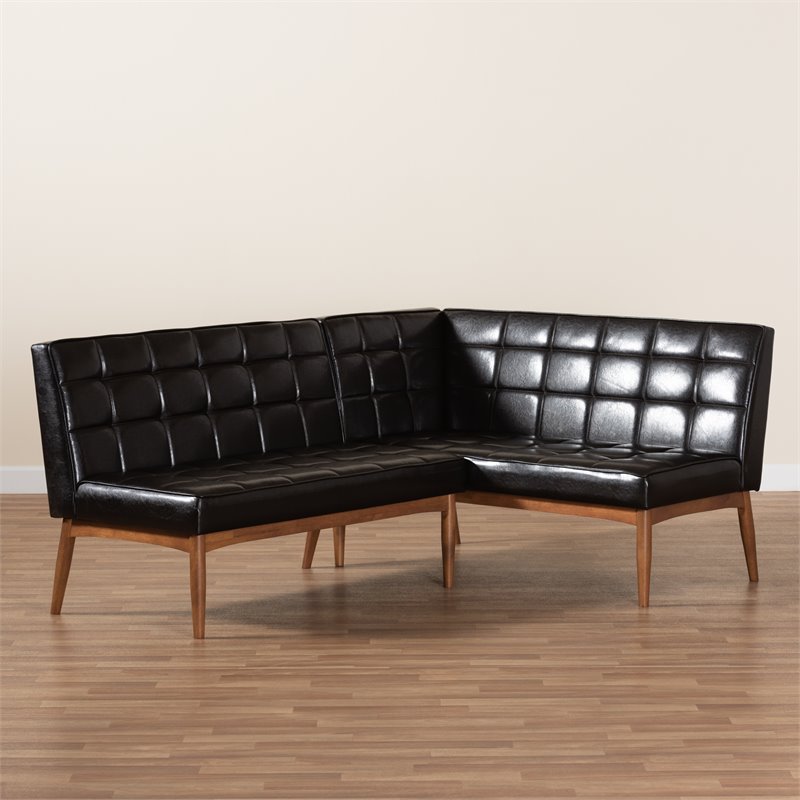 Bowery Hill Faux Leather Walnut Brown Dining Nook Banquette Set Biscuit Tufted 74.4