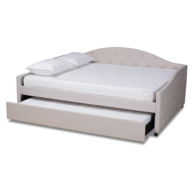 Bowery Hill Transitional Fabric Queen Size Daybed with Trundle in Beige