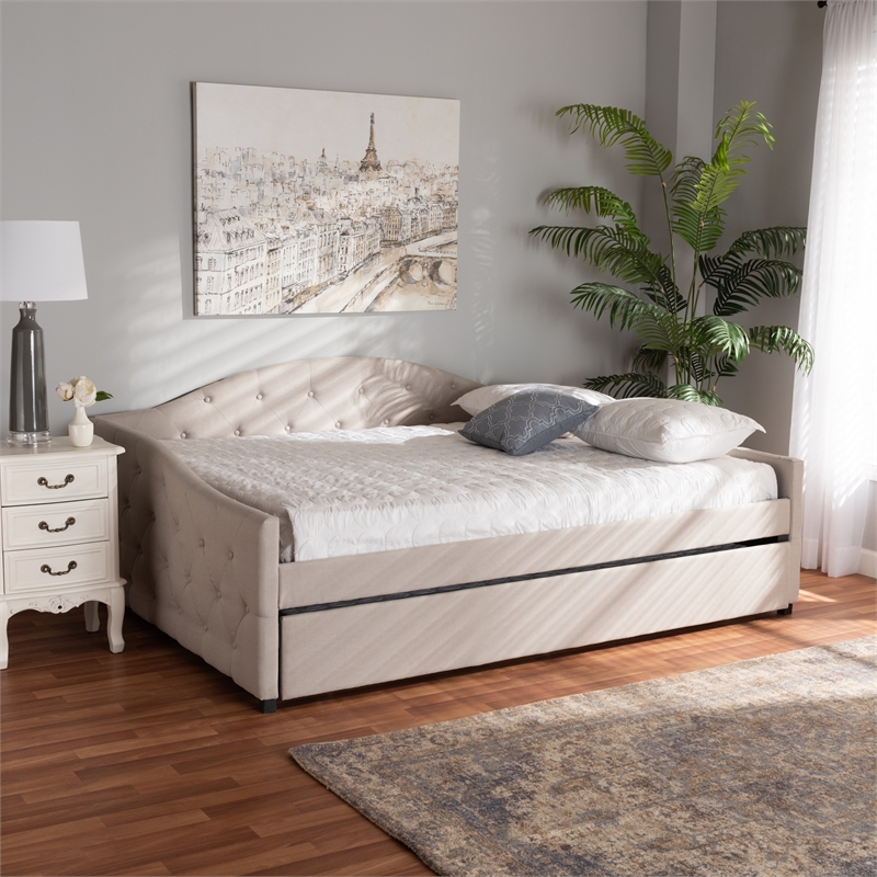 Bowery Hill Transitional Fabric Queen Size Daybed with Trundle in Beige