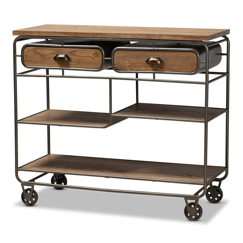 Bowery Hill Brown Finished Wood and Black Finished Metal 2-Drawer Kitchen Cart