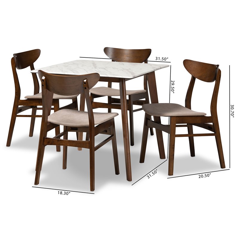 Bowery Hill Walnut Brown 5 Piece Dining Set with Faux Marble and Beige Seats