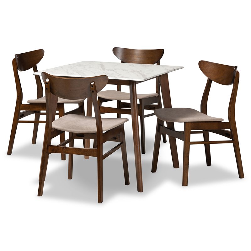 Bowery Hill Walnut Brown 5 Piece Dining Set with Faux Marble and Beige Seats