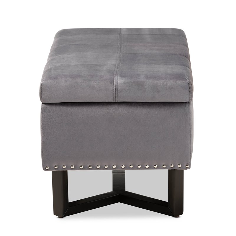 Bowery Hill Grey Velvet and Brown Finished Wood Storage Ottoman
