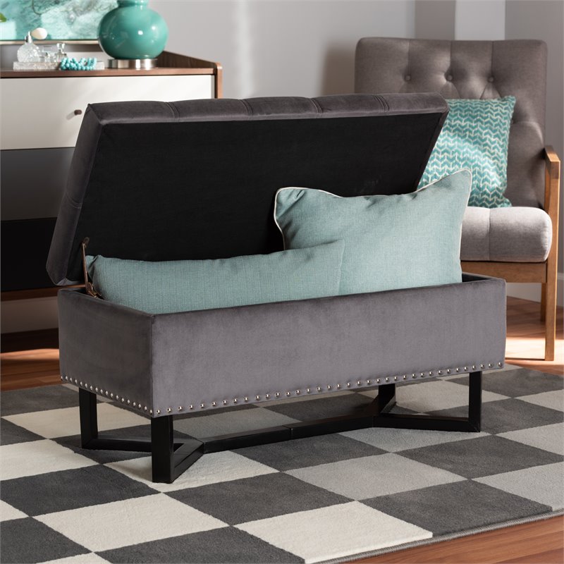 Bowery Hill Grey Velvet and Brown Finished Wood Storage Ottoman