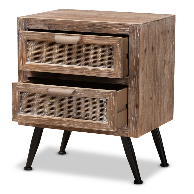 Bowery Hill Brown Finished Wood and Rattan 2-Drawer Nightstand