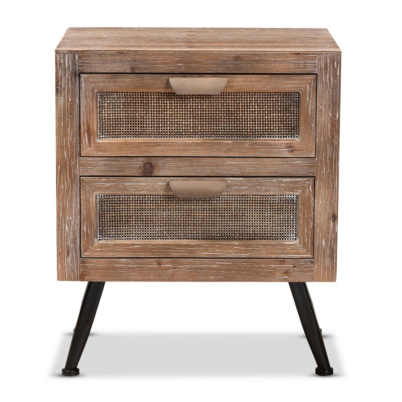 Bowery Hill Brown Finished Wood and Rattan 2-Drawer Nightstand