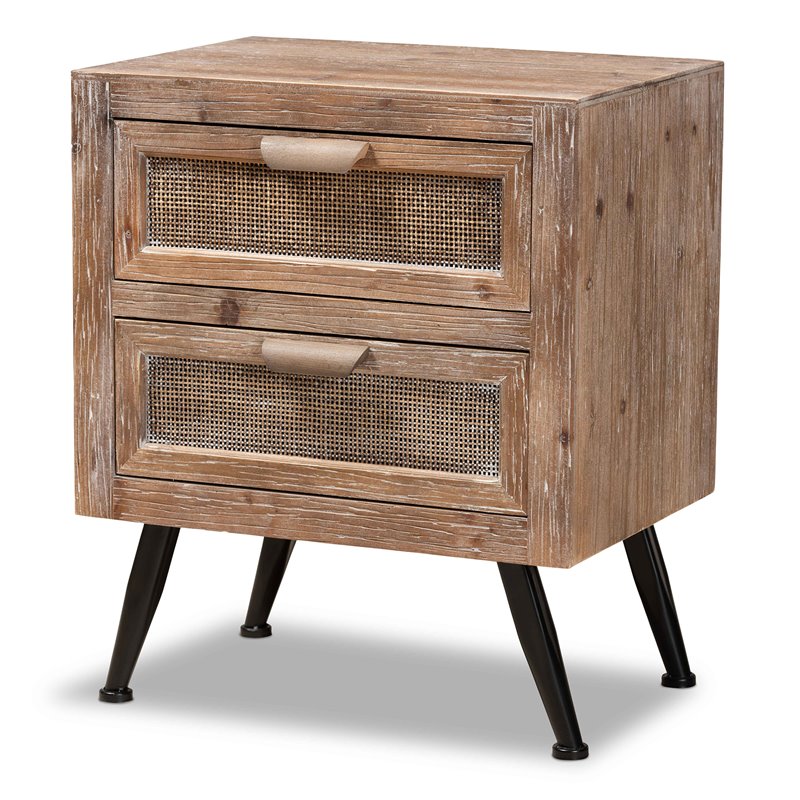 Bowery Hill Brown Finished Wood and Rattan 2-Drawer Nightstand