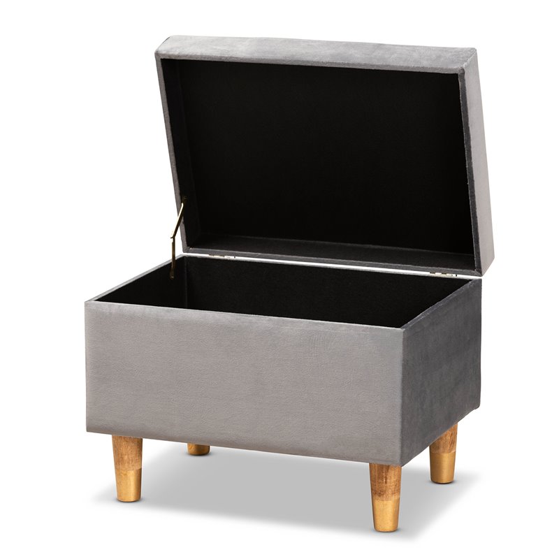 Bowery Hill Grey Velvet and Brown Finished Wood Storage Ottoman