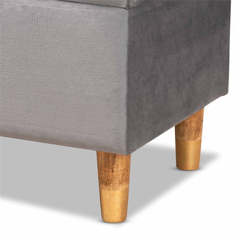 Bowery Hill Grey Velvet and Brown Finished Wood Storage Ottoman