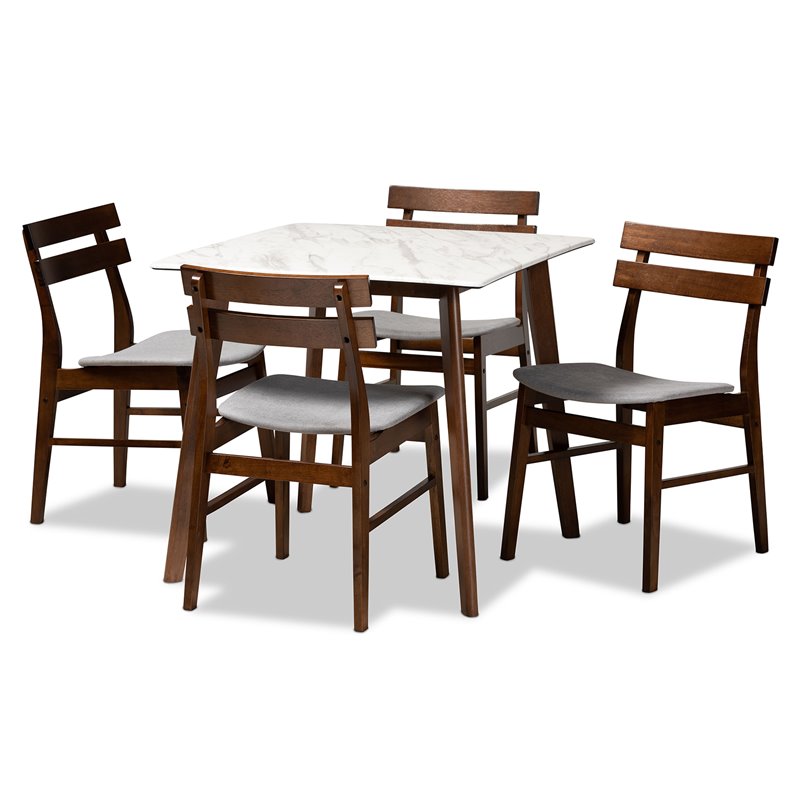 Bowery Hill Brown Wood 5-Piece Dining Set with Faux Marble Dining Table