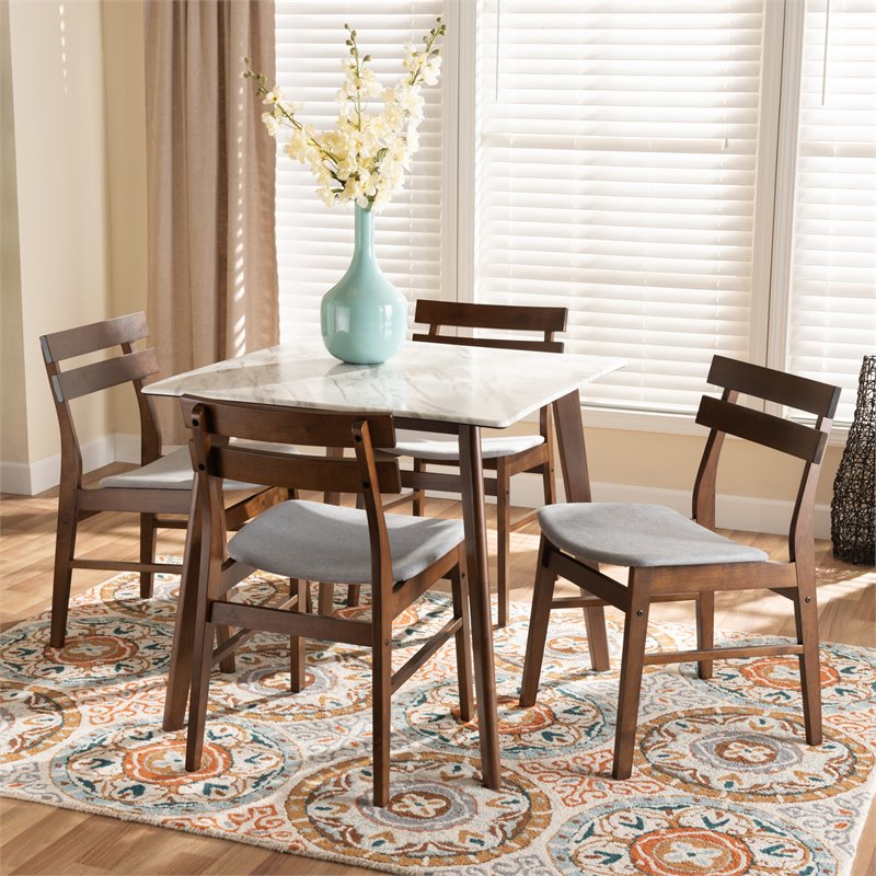Bowery Hill Brown Wood 5-Piece Dining Set with Faux Marble Dining Table