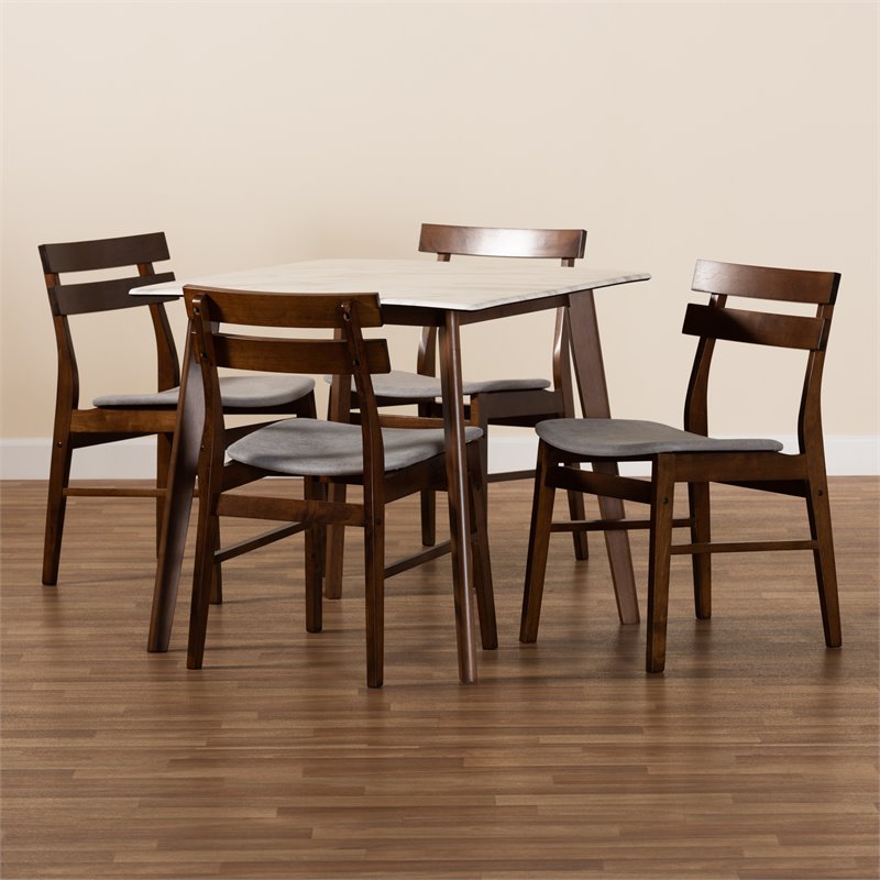 Bowery Hill Brown Wood 5-Piece Dining Set with Faux Marble Dining Table