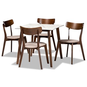 Bowery Hill Brown Wood 5-Piece Dining Set with Faux Marble Dining Table