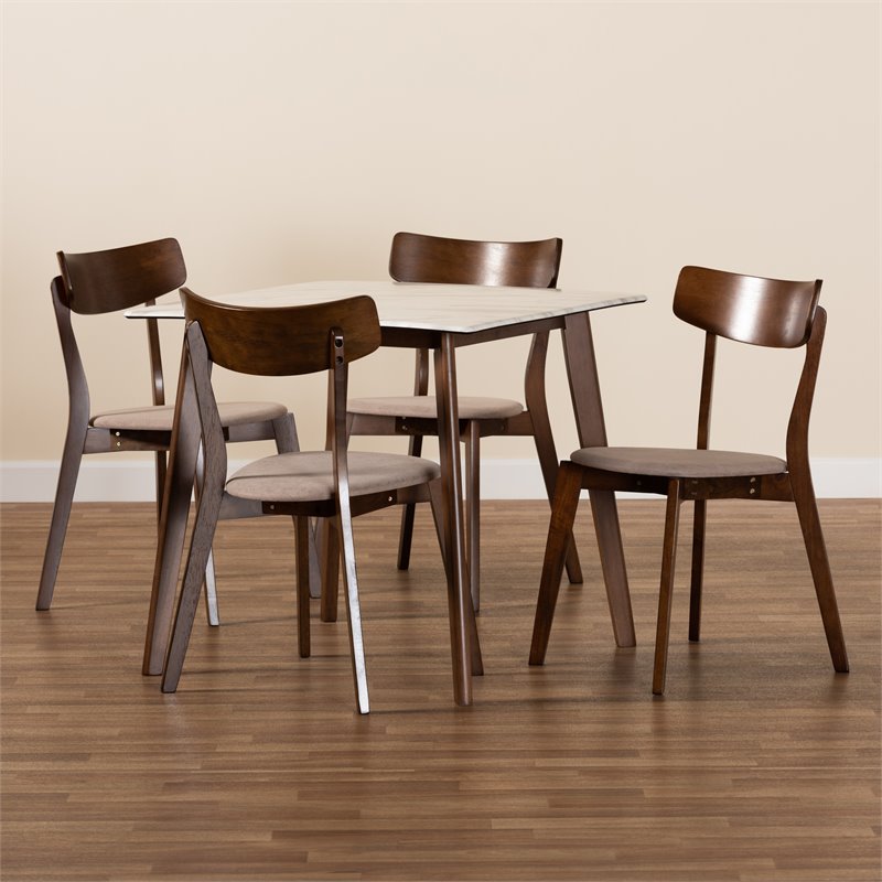 Bowery Hill Brown Wood 5-Piece Dining Set with Faux Marble Dining Table