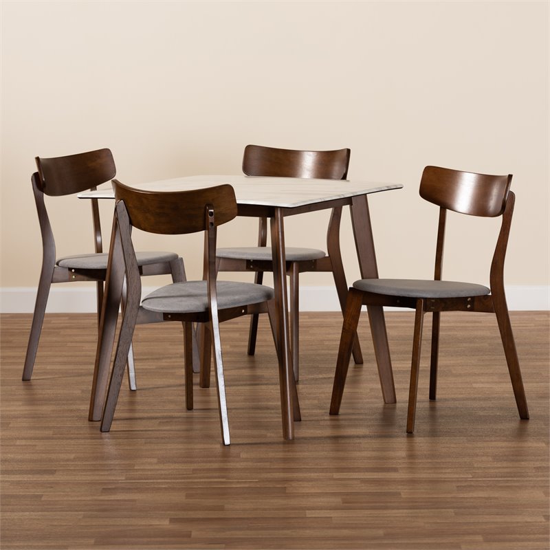 Bowery Hill Brown Wood 5-Piece Dining Set with Faux Marble Dining Table
