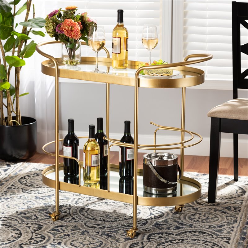 Bowery Hill Gold Finished Metal and Glass 2-Tier Mobile Wine Bar Cart