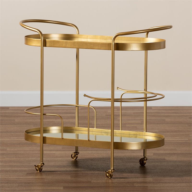 Bowery Hill Gold Finished Metal and Glass 2-Tier Mobile Wine Bar Cart