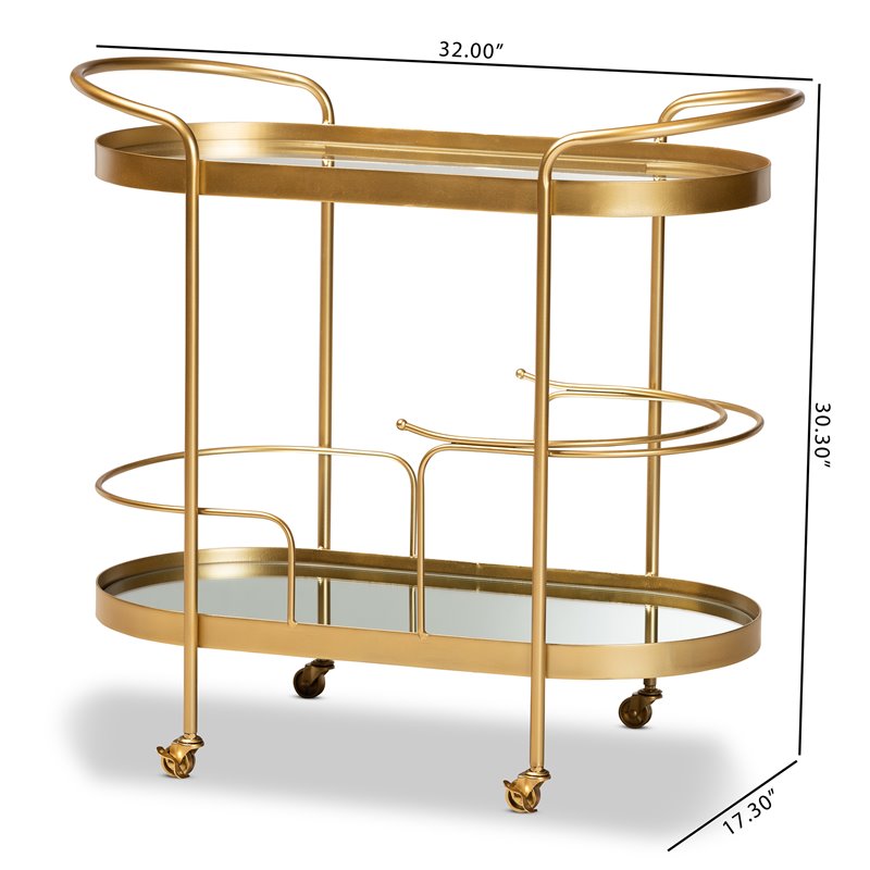 Bowery Hill Gold Finished Metal and Glass 2-Tier Mobile Wine Bar Cart