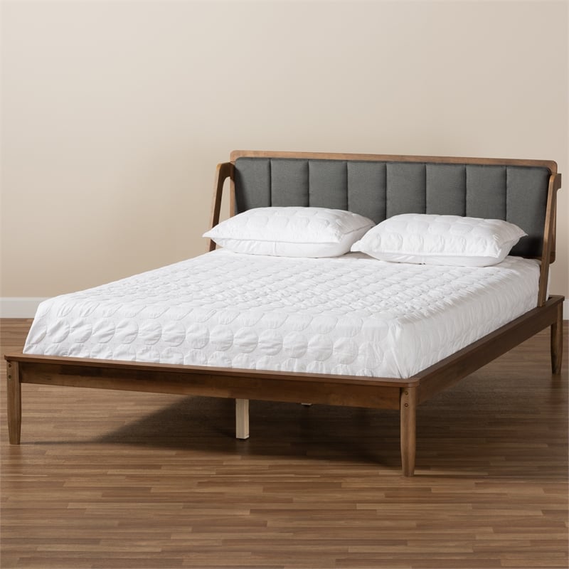 Bowery Hill Grey Fabric Upholstered and Walnut Finished Full Size Bed