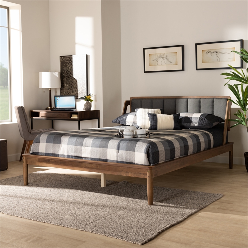 Bowery Hill Grey Fabric Upholstered and Walnut Finished Full Size Bed
