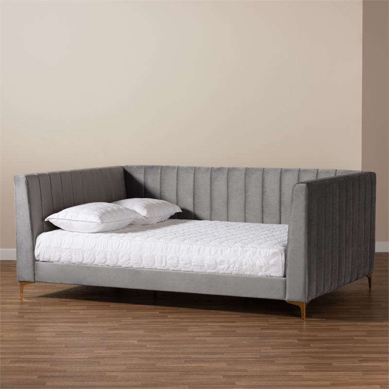 Bowery Hill Modern Velvet Upholstered and Gold Finished Full Size Daybed in Gray
