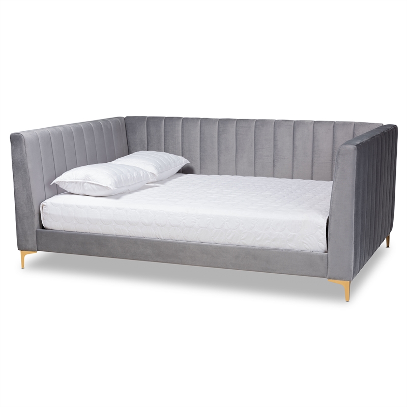 Bowery Hill Velvet Gray/Gold Daybed Rectangular Channel Tufted 93.7